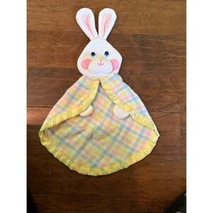 Fisher Price Vintage Bunny Lovey Security Blanket Pastel Plaid Satin Ruffle